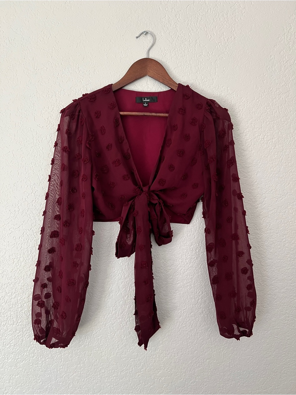 Lulu's Wine Red Sheer Dot Tie-Front Crop Blouse